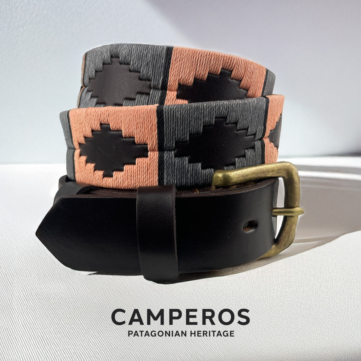 Handcrafted leather polo belt with Salmon, Grey & Black thread embroidery and bronze buckle, by Camperos